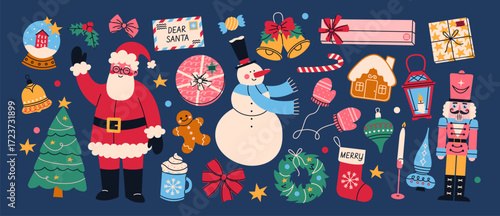 Merry Christmas and Happy New Year concept. Holiday set with Santa Claus, nutcracker, gingerbread, snowman, decorated tree, wreath and gifts. Festive winter elements.