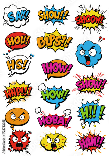 Comic book speech bubbles with expressions and sound effects in a colorful vector illustration