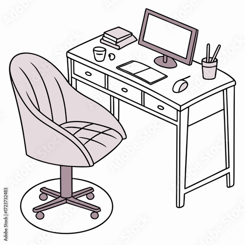 Illustration of a desk with computer, chair, and office supplies