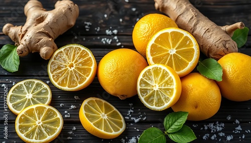 Close-up of vibrant lemons & ginger root on dark wood, evoking immunity-boosting winter vibes, boost, system