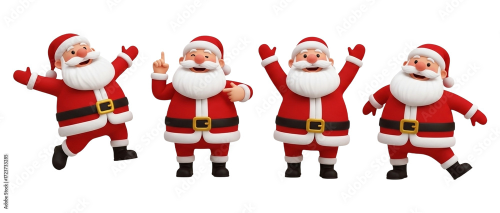 Fototapeta premium Four jolly santa claus figures isolated on transparent background in various poses, spreading christmas cheer and holiday magic