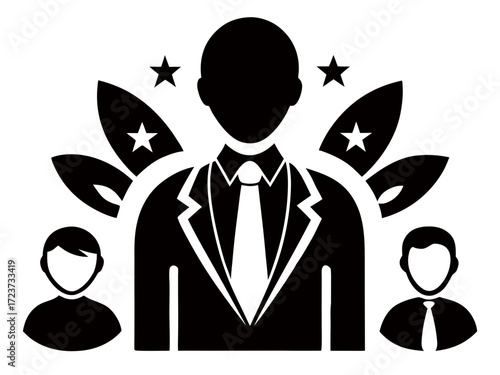 Powerful leader icon with team members and star achievement symbols, perfect for showcasing leadership, business success, and team management concepts