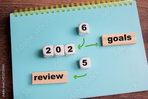 Review past year 2025 to new goals 2026 on stacked wooden cubes on the table. Business and finance concept