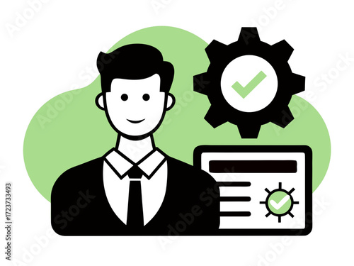 Streamline your business operations with this modern graphic featuring a professional and checkmarks, symbolizing efficiency and successful task completion
