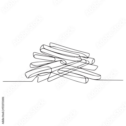 Continuous Simple black line art drawing of a french fries in a minimalist style on a white background.