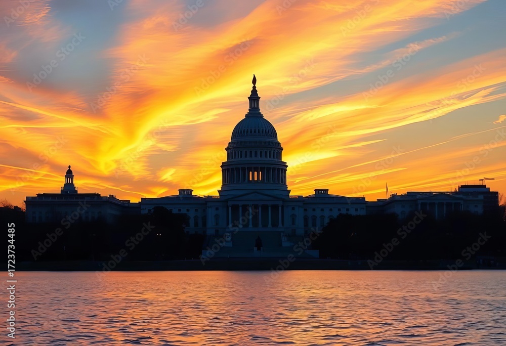 Obraz premium Iconic Washington DC skyline silhouette at sunset, featuring Capitol dome and monuments, capital, twilight