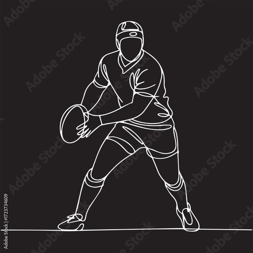 Continuous Simple black line art drawing of a Rugby Player in a minimalist style on a white background.