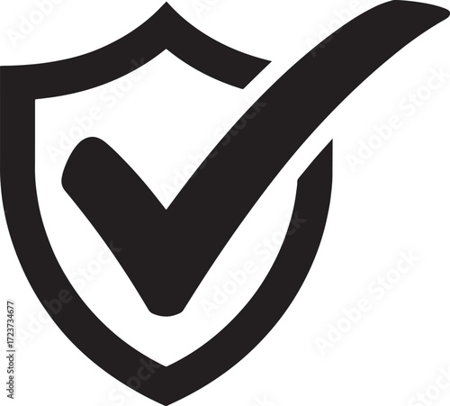 Black shield with check mark icon on white background tick approved