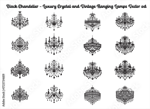 Black Chandelier Silhouette Vector with Luxury Crystal and Vintage Hanging Lamp Designs on White
