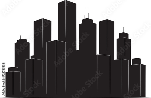Black silhouette of a city skyline with tall buildings Keywords: city, skyline, silhouette, buildings