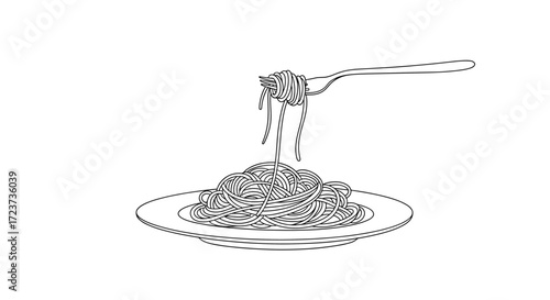 Simple Spaghetti Drawing: Fork with Noodles on a Plate.