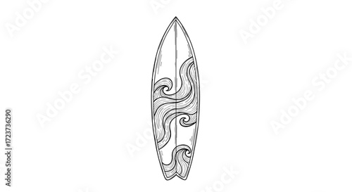 Surfboard illustration featuring unique wave patterns on an isolated background.