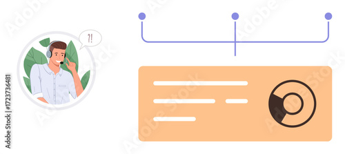 Customer support agent speaking with headset flowchart and analytics dashboard. Ideal for communication, customer service, management, teamwork, analytics, technology, simple flat metaphor