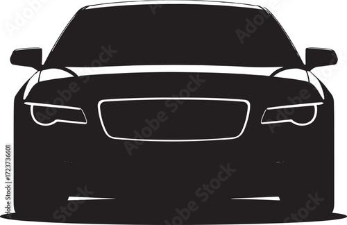 Black silhouette of a modern car front view with headlights and grille automobile vehicle