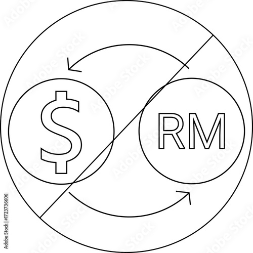 sketch of prohibited icon and icon convert dollar coin to Malaysian ringgit coin