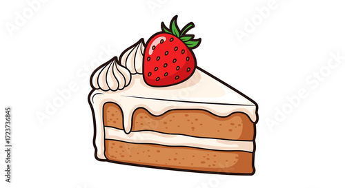 Cartoon Strawberry Cake Slice with Creamy Frosting Illustration