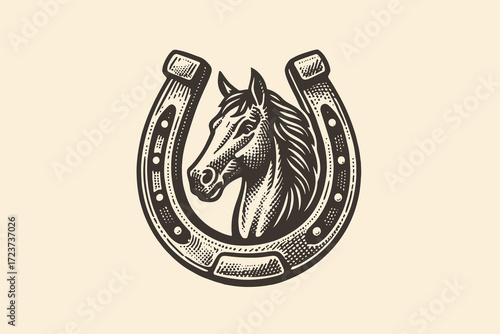 Horse head horseshoe emblem engraving style vector illustration