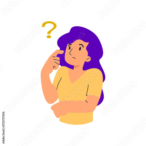 Schoolgirl with questions. Training, education and learning. The child pulls his hand up. Cartoon flat vector illustration isolated on white background