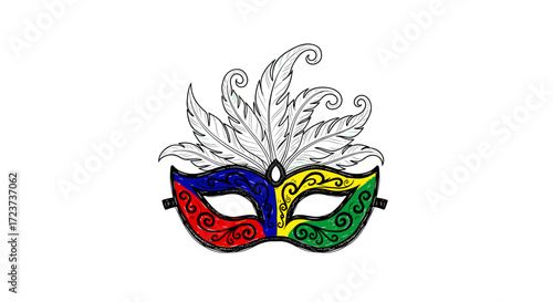 Colorful feathered carnival mask illustration on a white background