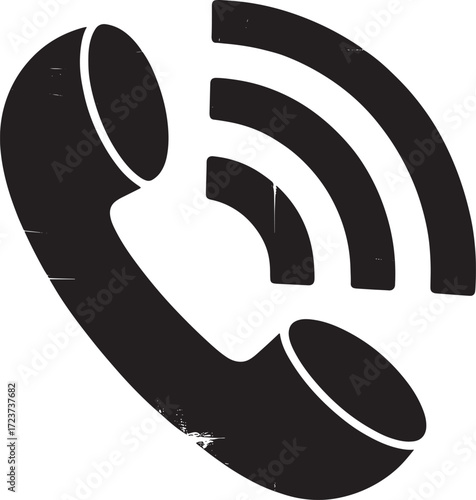 Black telephone handset icon with signal waves and distressed texture Keywords: telephone, phone