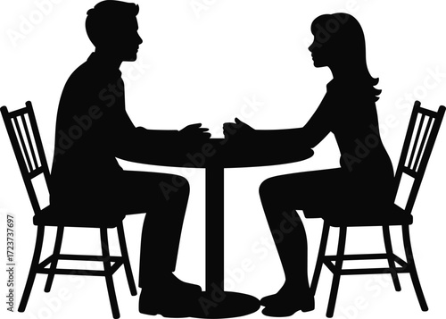 Couple silhouette sitting at table, man and woman talking, romantic date vector, cafe conversation artwork, people communication illustration design