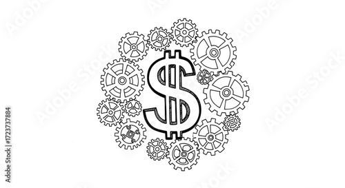 Financial Mechanism: Dollar Symbol Surrounded by Gears in Black and White