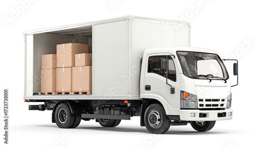 White delivery truck with open cargo area, stacked cardboard boxes