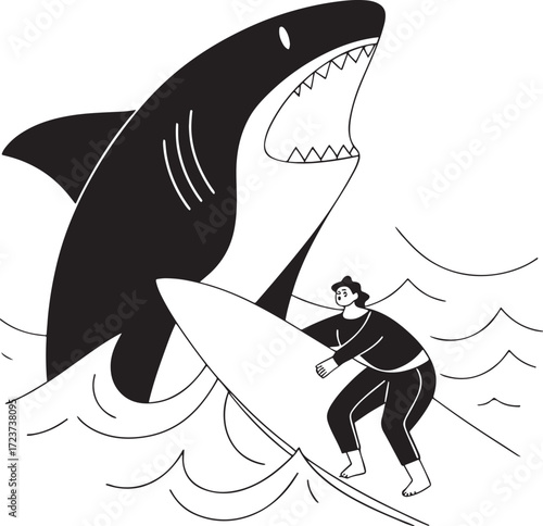 Surfer narrowly escapes attack from a large shark in the ocean waves