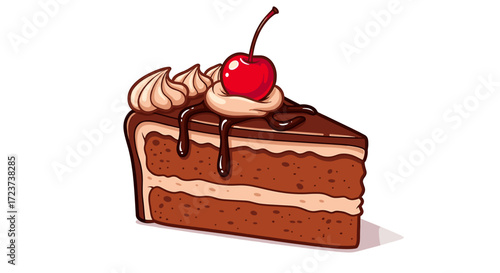 Decadent chocolate cake slice with cherry and frosting topping