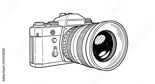 Detailed black and white vintage camera illustration with lens