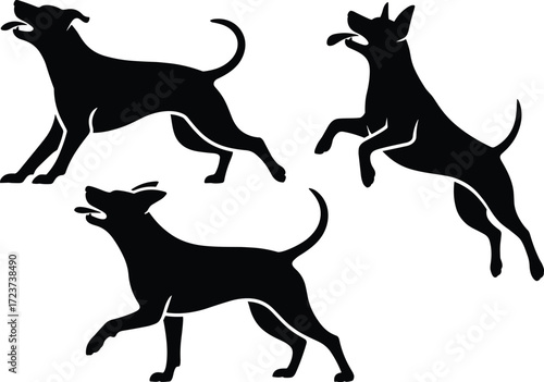 Dog silhouette set, playful dogs jumping running barking vector illustration, pet activity poses, domestic animal design for logo and decoration