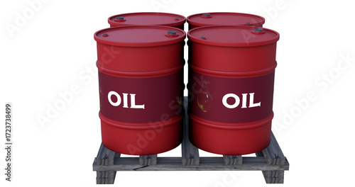 Red Oil Barrels with Labels on Wooden Pallet – Industrial Petroleum Storage