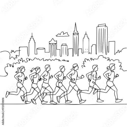 Continuous Simple black line art drawing of a marathon race in a minimalist style on a white background.