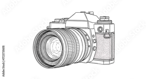 Detailed black and white outline drawing of a vintage film camera