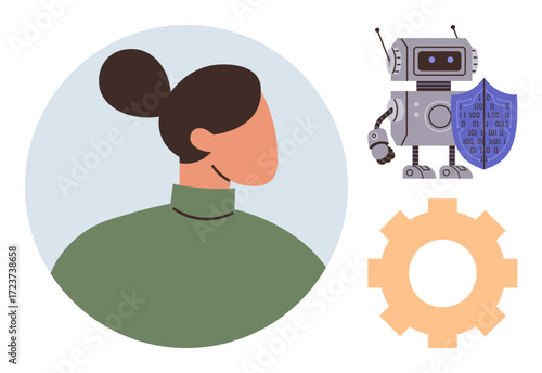 Womans silhouette next to robot holding a shield, symbolizing protection and technology, with a cogwheel. Ideal for AI, tech, security, innovation, teamwork protection future concepts. Simple flat