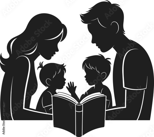 Family reading book together, parents with children, storytelling time, education learning, bonding activity, parenting love, kids bedtime story, family silhouette reading book together, parents with 