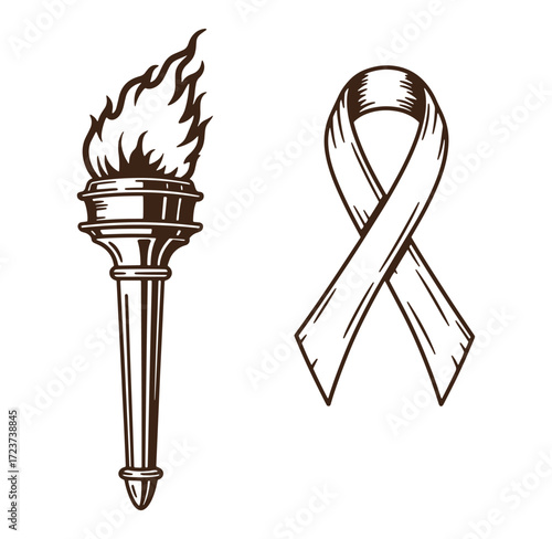Classic torch and awareness ribbon symbolizing hope and remembrance in vintage style
