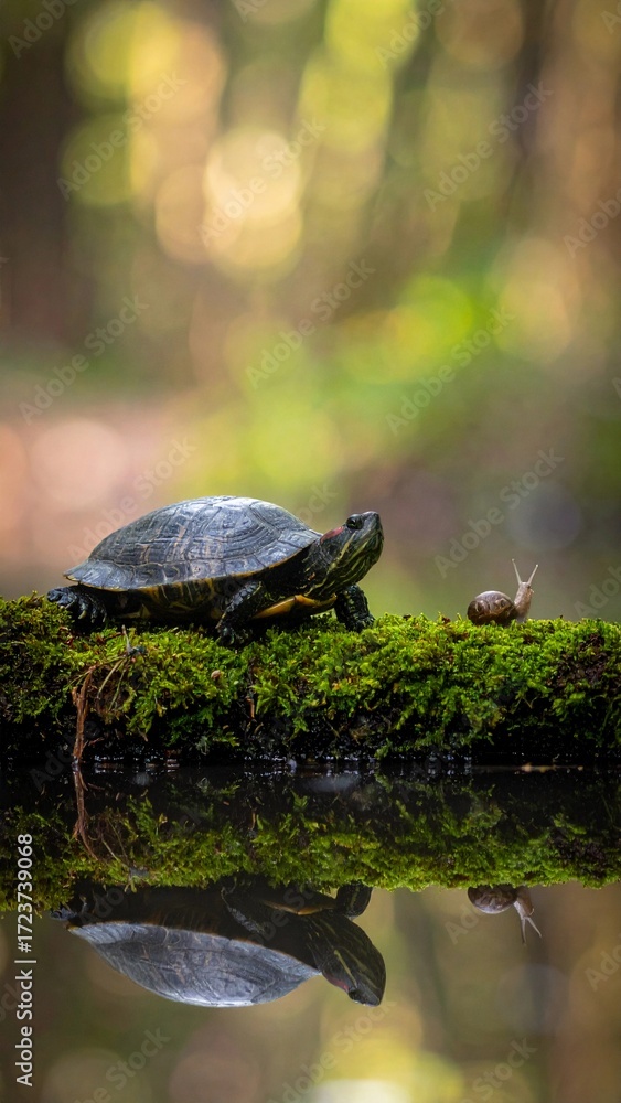 Fototapeta premium Turtle and Snail in Forest by Water