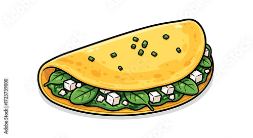 Delicious cartoon omelet filled with spinach and feta cheese.