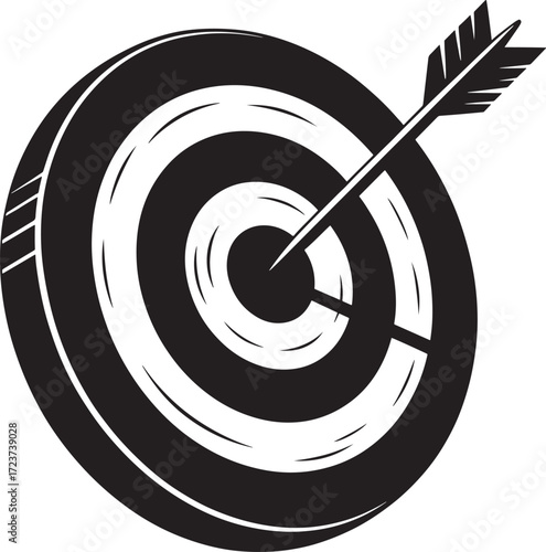 Dartboard with arrow hitting the bullseye on white background Keywords: dartboard, darts, bullseye