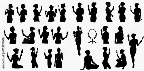 Silhouette collection of women applying makeup, using mirrors, and in various poses.