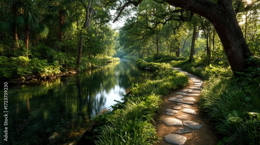 Obraz premium Path Through Serene Greenery Near River
