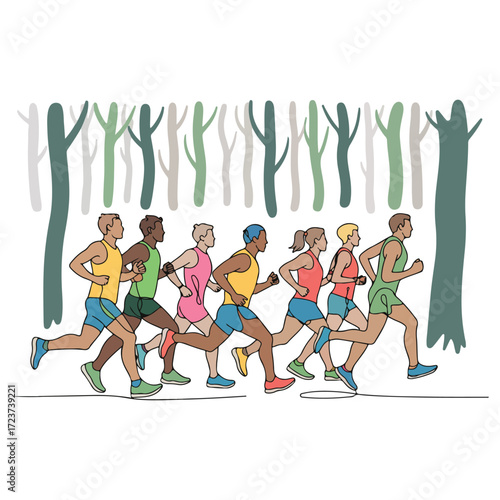 Continuous Simple black line art drawing of a marathon race in a minimalist style on a white background.