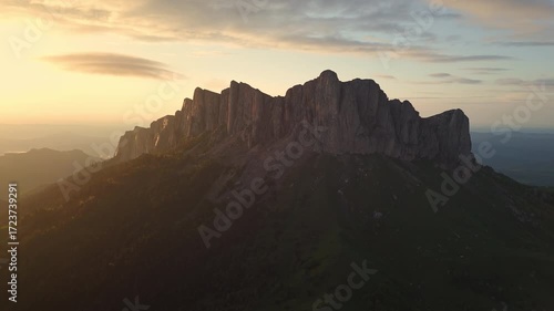 Drone view of national park with dolomite mountains and sunset tones