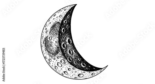 Crescent Moon Illustration with Detailed Crater Surface Texture and Shadow