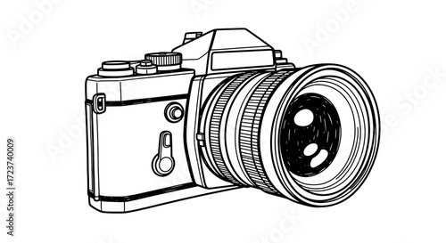 Vintage Camera Black and White Line Art Illustration Isolated