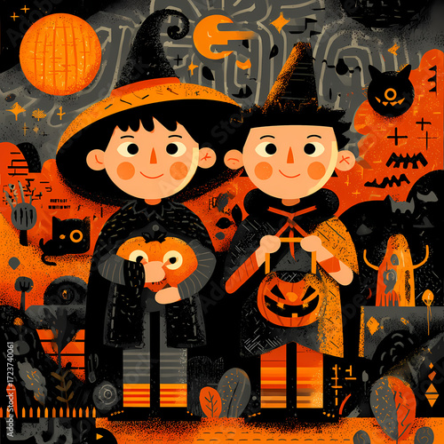 Cute Kids in Halloween Costumes with Jack-o'-lanterns