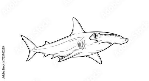 Hammerhead Shark Black and White Outline Illustration Isolated on White