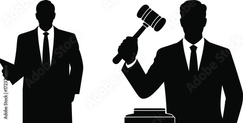 Judge silhouette with gavel, lawyer holding file, legal justice system, court authority, law concept, courtroom decision, legal profession illustration