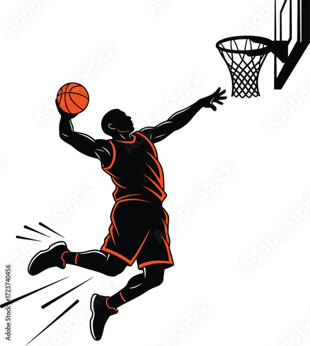 American Basketball Player Dunking - Dynamic Silhouette of Athlete in Action, Basketball Player Action Pose